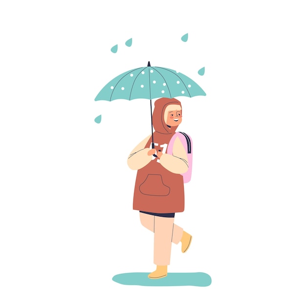 Милая маленькая девочка, идущая под зонтиком в дождливую погоду, счастливая улыбка с зонтиком