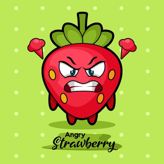 cute and small strawberry fruit character with angry face