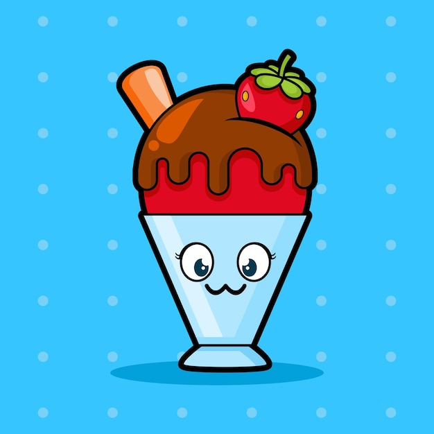 Vector cute and small strawberry ice cream character with cute face