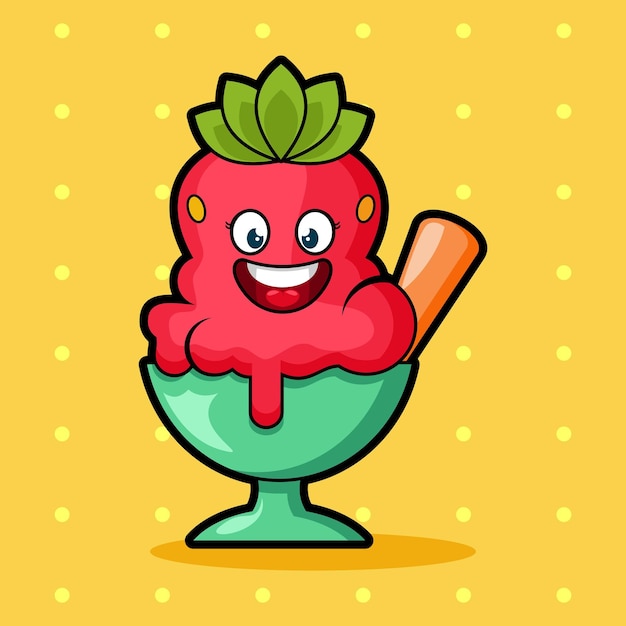 cute and small strawberry ice cream character with happy face