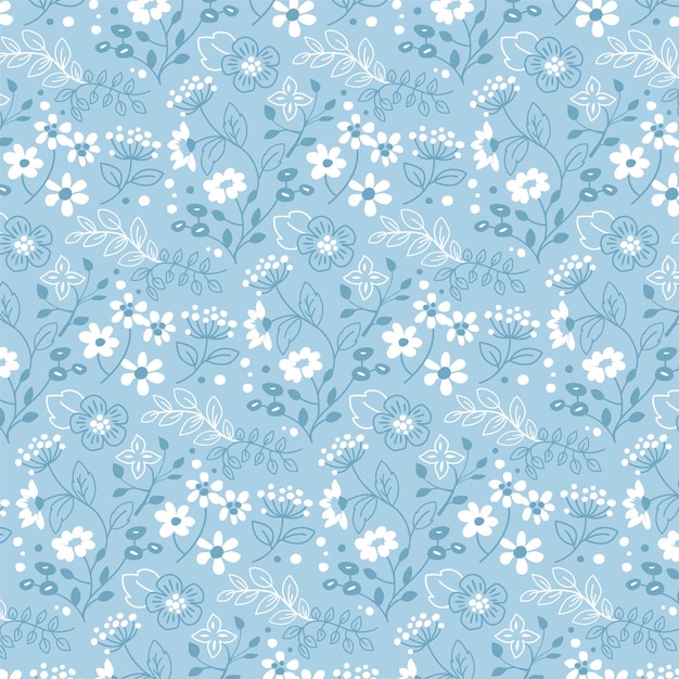 Cute small white flowers floral seamless pattern blue background