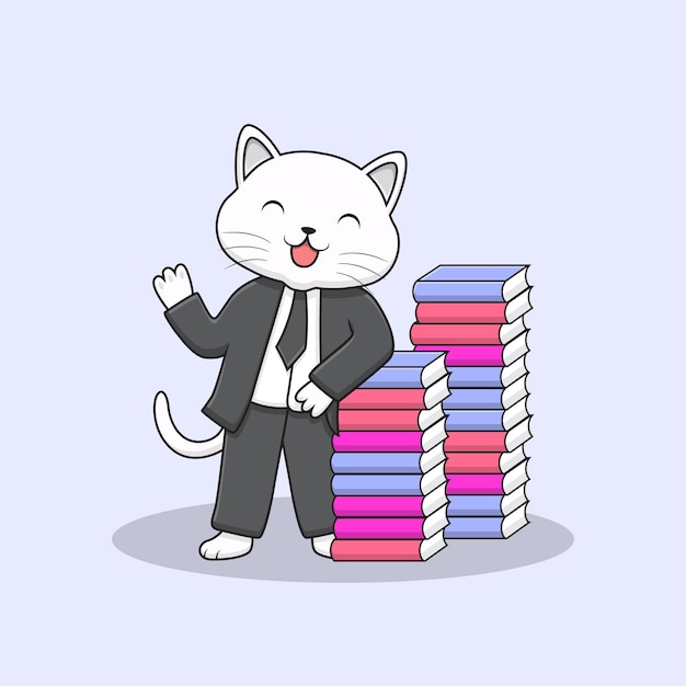 Vector cute smart elegant cat with tuxedo and books