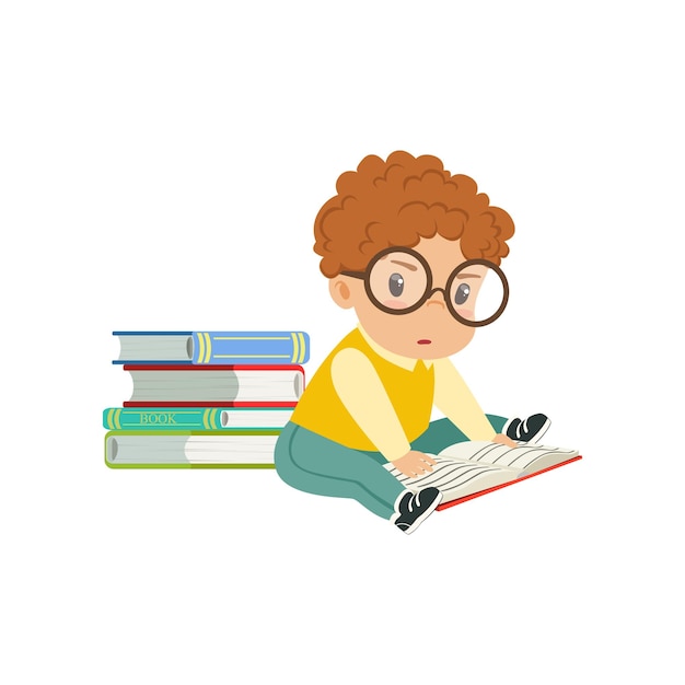 Cute smart little boy character wearing glasses sitting on the floor and reading a book vector Illustration isolated on a white background