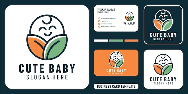 잎 디자인 컨셉과 명함 템플릿이 있는 귀여운 미소 아기 로고