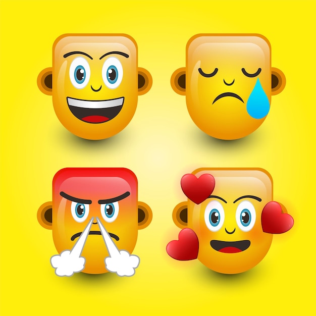 Cute smile face Sad faceAngry face and falling in love emoticon isolated on yellow background