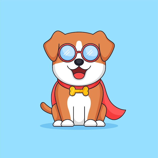 Cute smile geek dog wearing superhero cloak animal mascot cartoon vector illustration