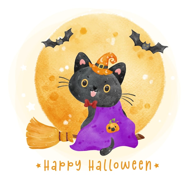 Cute smile halloween black cat wear witch hat on flying broom with full moon and bats watercolor