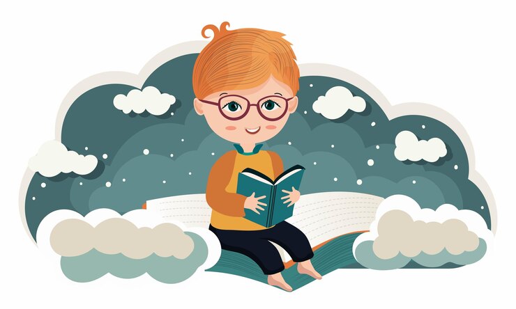 Вектор симпатичный смайлик с открытой книгой на облачном фоне