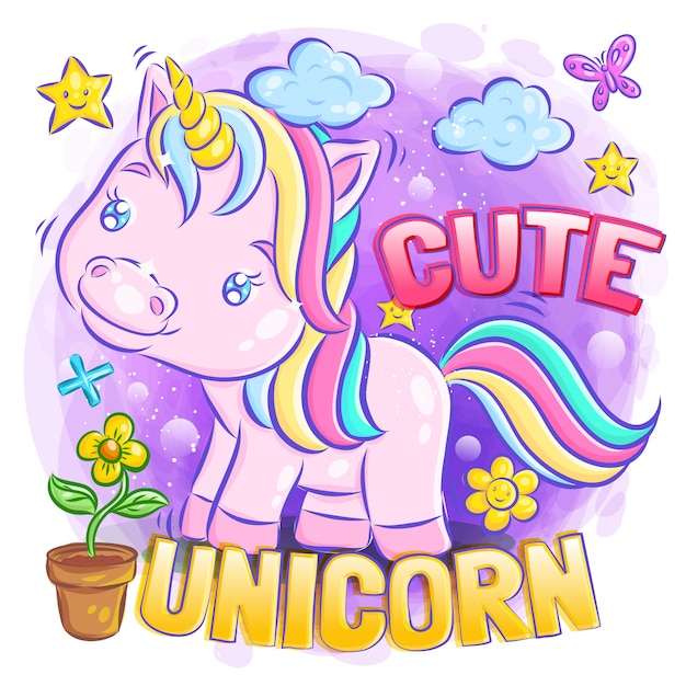 Cute smiley unicorn spelen rond de cloud