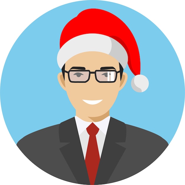 Cute Smiling Adult Man with Glasses in Suit and Santa Claus Hat in Flat Style Vector Illustration