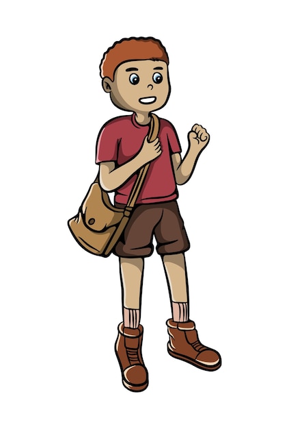 Милый улыбающийся мальчик рисует карикатуру, взволнованный, держась за руки и неся сумку