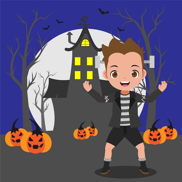 cute smiling boy cartoon vector design on Halloween background