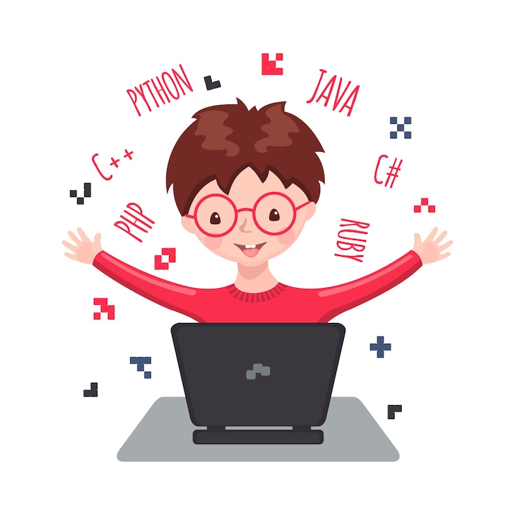 Vector cute smiling boy sitting at laptop and learning web design and coding. 