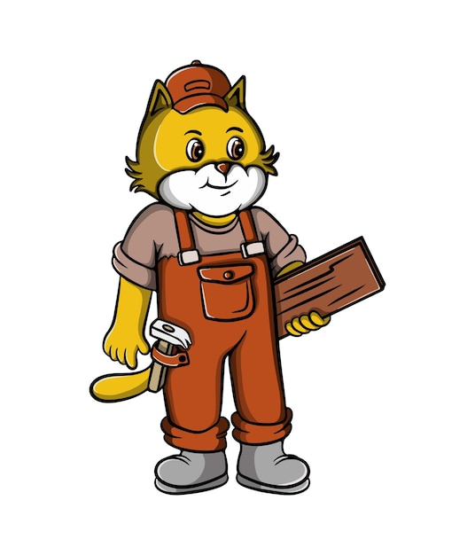 cute smiling carpenter cat cartoon illustration design carrying wood and hammer