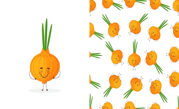 Cute smiling cartoon style onion, onion bulb vegetable characters and hearts vector