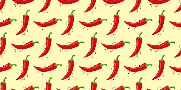Cute smiling cartoon style red chili pepper characters and hearts vector seamless pattern