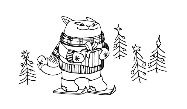 Cute smiling cat in felt boots, skiing with a Christmas gift. In black ink.