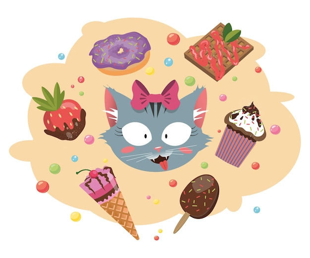 Vettore simpatico gatto sorridente e un set di dolci. illustrazione del fumetto vettoriale