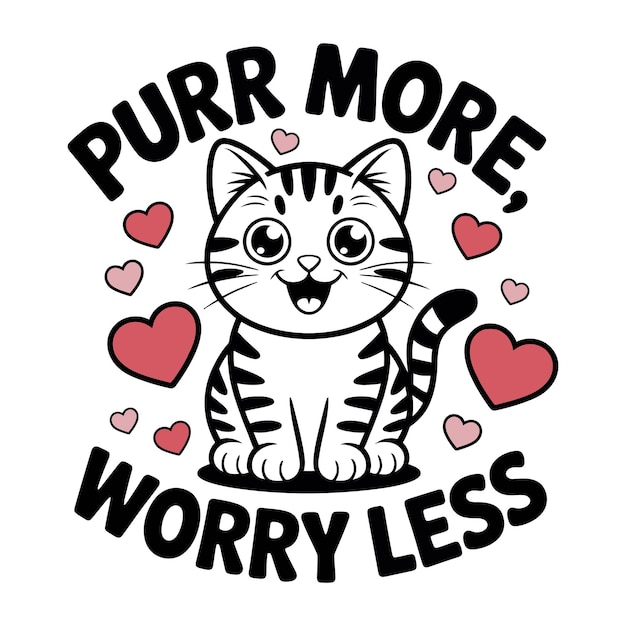 cute smiling cat with hearts and quote purr more worry less vector illustration