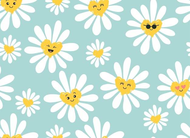 Vector cute smiling daisy flower seamless pattern. chamomile with happy emotion.