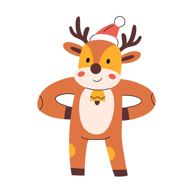 cute smiling deer wearing red santa hat and bell
