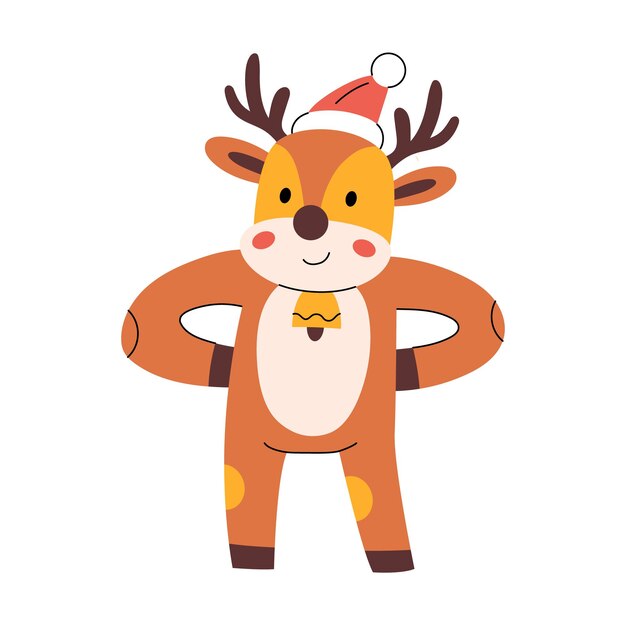 Cute smiling deer wearing red Santa hat and bell