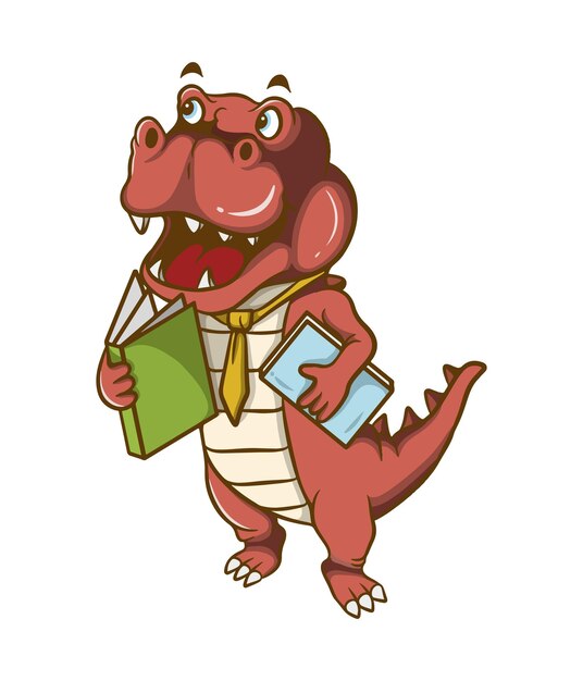 Vector cute smiling dino kid cartoon illustration design carrying book and report