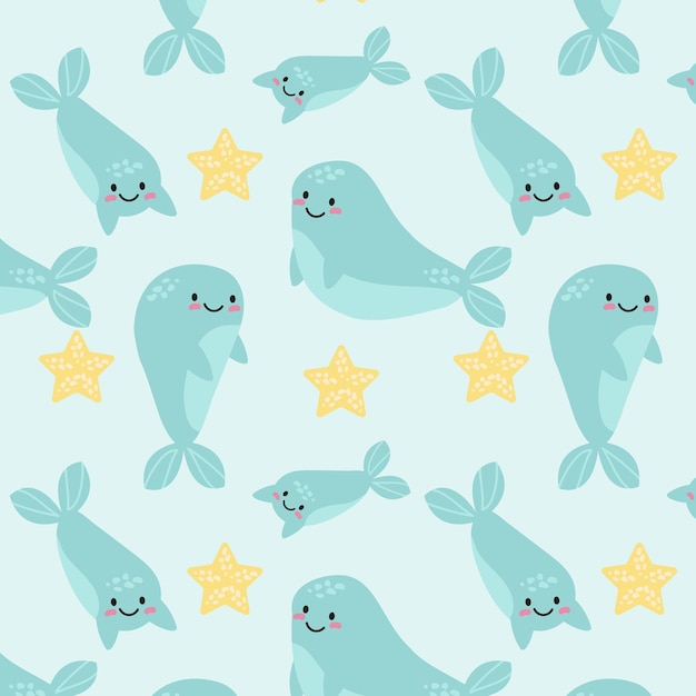 Cute smiling dolphins, whales, narwhals seamless pattern, texture, background, wallpapers, endless