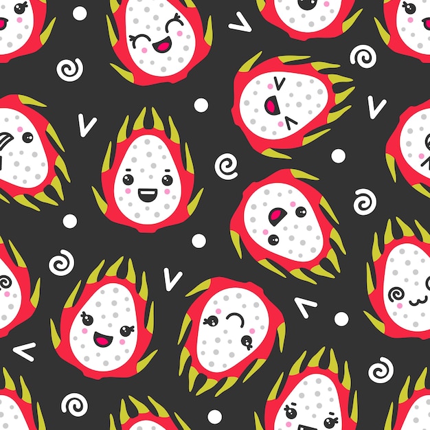 Cute smiling dragon fruits, vector seamless pattern on dark background. Best for textile, backdrop, wrapping paper