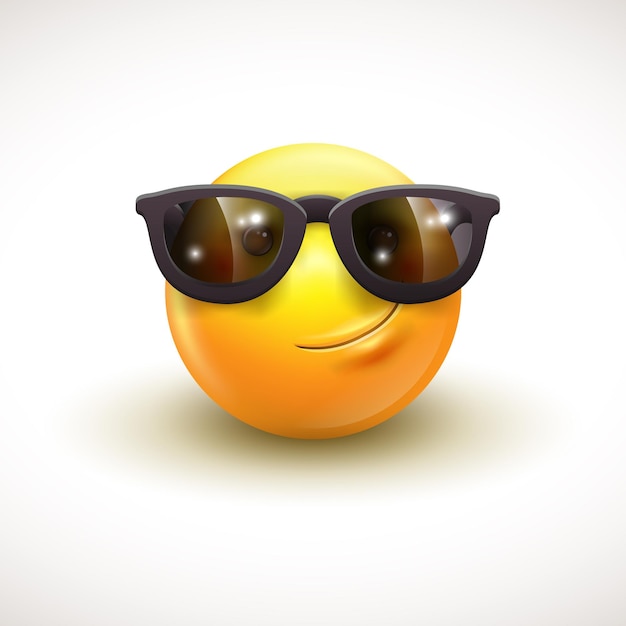 Vettore emoticon sorridente carino che indossa occhiali da sole neri emoji smiley illustrazione vettoriale eps10