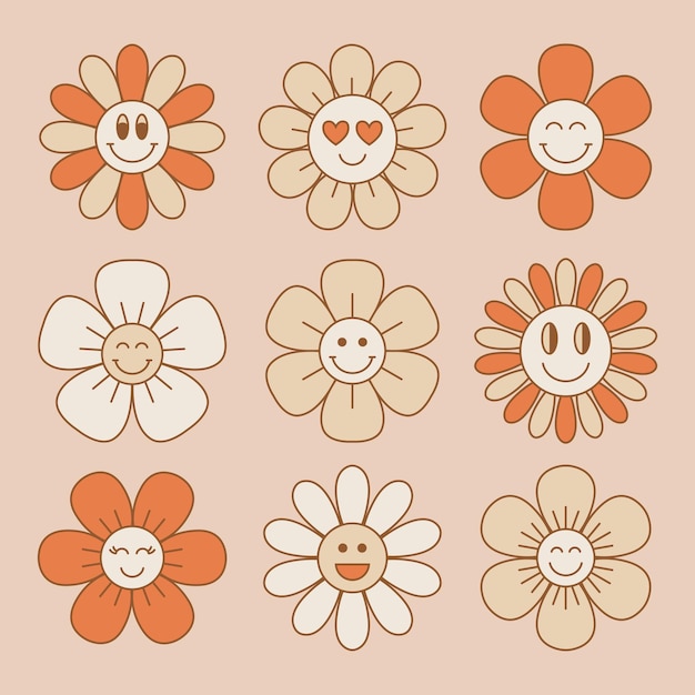 Cute and smiling flower collection in retro 70s style. Vintage floral patches.