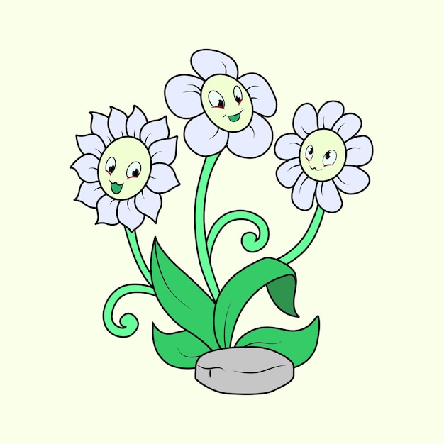 Vector cute smiling flowers blue and green