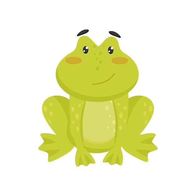 Cute smiling frog sitting isolated on white background cartoon character of funny green toad with pink cheeks and shiny eyes colorful graphic element for children book or postcard flat vector icon