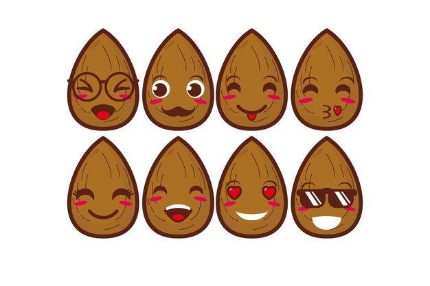 Cute smiling funny almond set collection vector flat cartoon face character mascot illustration