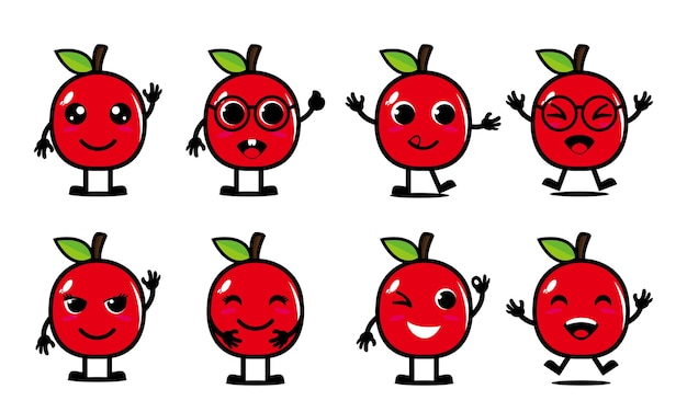 Cute smiling funny apple set collection Vector flat cartoon face character mascot illustration