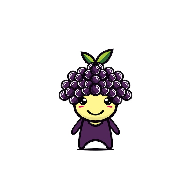 Simpatico personaggio sorridente divertente della frutta dell'uva illustrazione del personaggio dei cartoni animati di stile piano di vettore