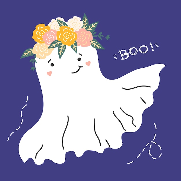 Vector cute smiling ghost in a flower wreath boo halloween vector