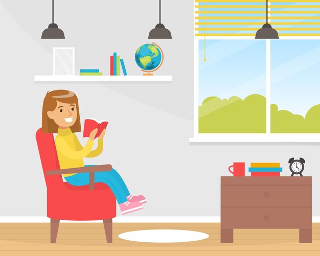 Vector cute smiling girl reads book sitting in armchair near the window cartoon vector illustration