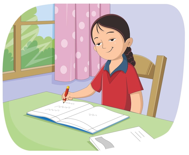 Vector cute smiling girl sitting on the chair and writing with a pencil