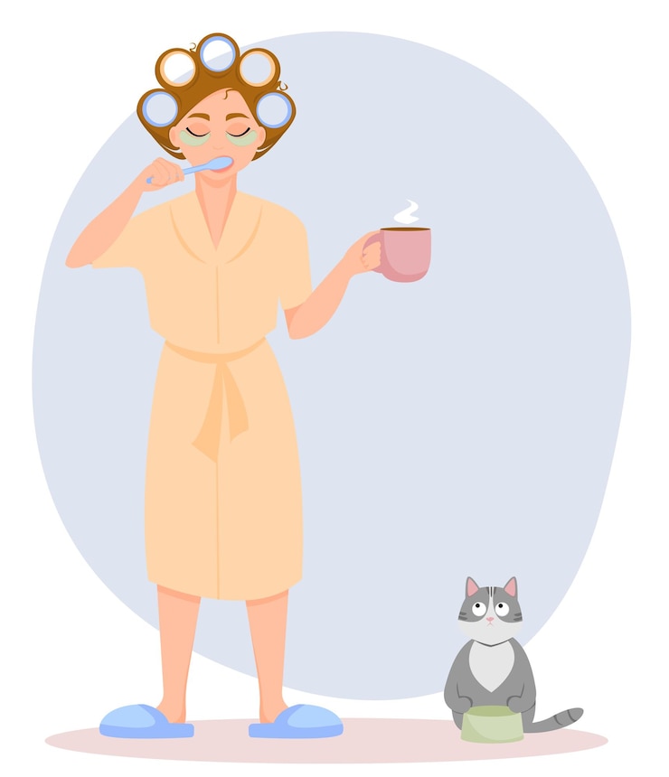 Vector cute smiling girl with curlers in hair and cosmetic patches under the eyes brushing her teeth