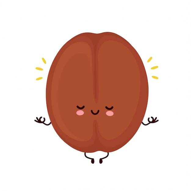 Cute smiling happy coffee bean meditate in yoga pose.