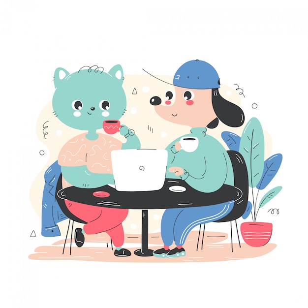 Cute smiling happy dog and cat work and drink coffee. 