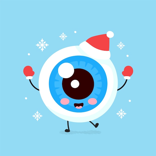 Cute smiling happy eyeball organ in christmas hat and gloves
