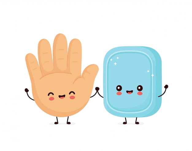 Vector cute smiling happy human hand and soap.