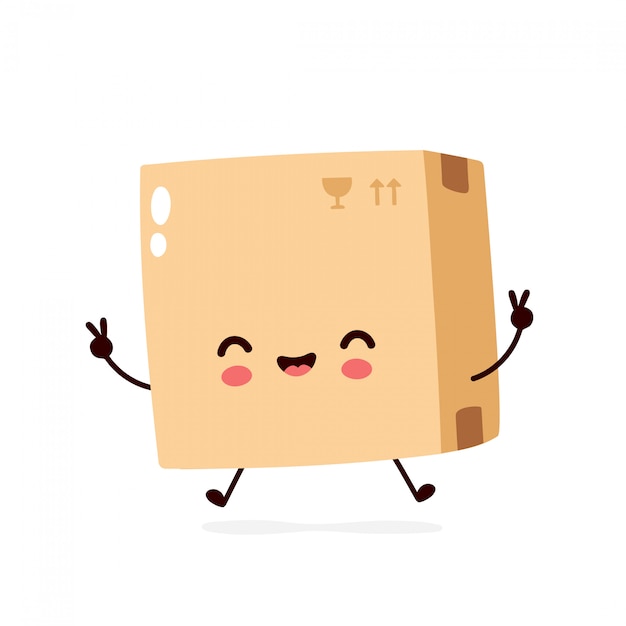 かわいい笑顔幸せな小包、宅配ボックス。フラット漫画キャライラスト。白い背景で隔離。配信ボックスキャラクターコンセプト