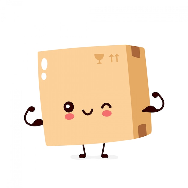 Vector cute smiling happy parcel,delivery box show muscle.  flat cartoon character illustration.isolated on white background.delivery box character concept