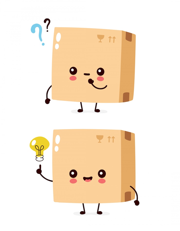 Vector cute smiling happy parcel,delivery box with question mark and idea lightbulb.  flat cartoon character illustration.isolated on white .delivery box character 