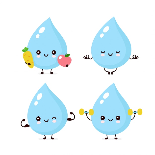 Cute smiling happy water drop characters set