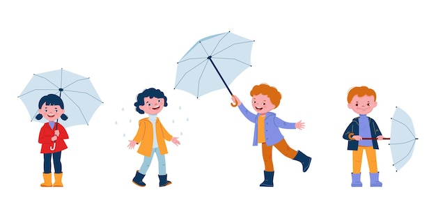고무 장화에 우산을 들고 귀여운 웃는 아이들