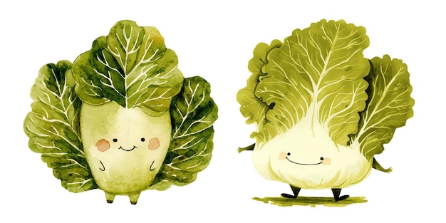 cute smiling lettuce watercolor vector illustration